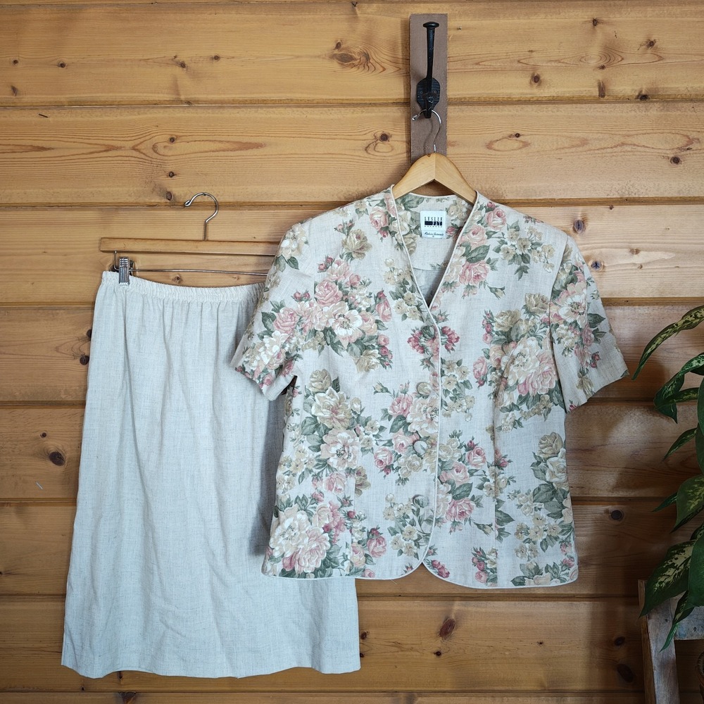 Vintage Leslie Faye Tan Skirt Set Flax Linen Blend Floral Top Stretch Plus Sz 18